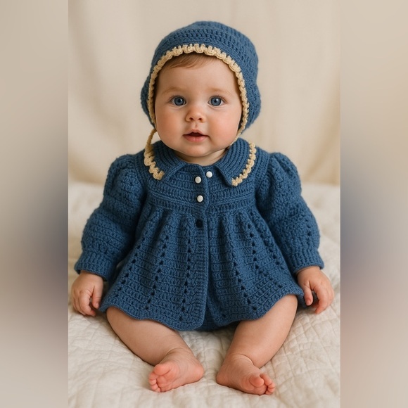 Handmade Other - Vintage Hand-Crocheted Baby Sweater & Bonnet Set Blue Cream Trim Handmade